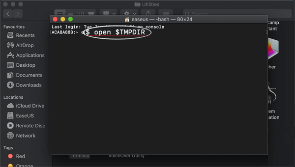 Type command in Terminal to find the TemporaryItems folder