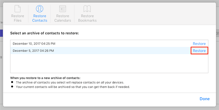 Select an archive of contacts to restore