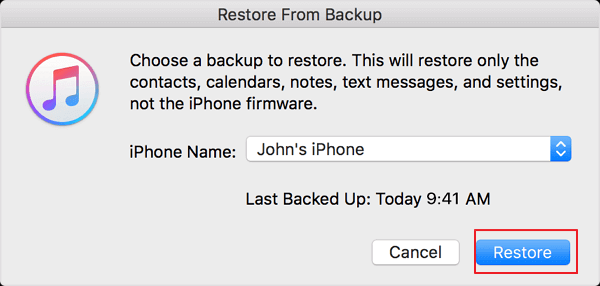 Confirm to restore lost iPhone contacts from iTunes backup.