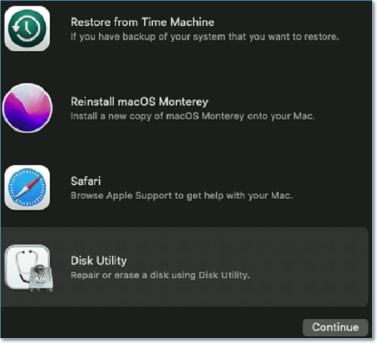 Select Disk Utility and choose the continue