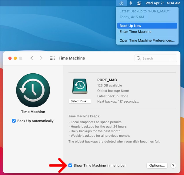 Show Time Machine in menu bar