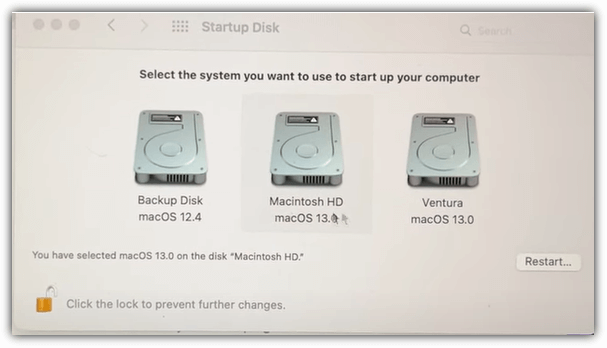 switch macOS Ventura and Monterey in startup disk window