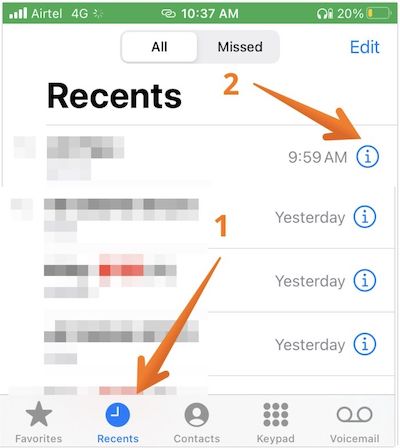 Recent Call Log on iPhone