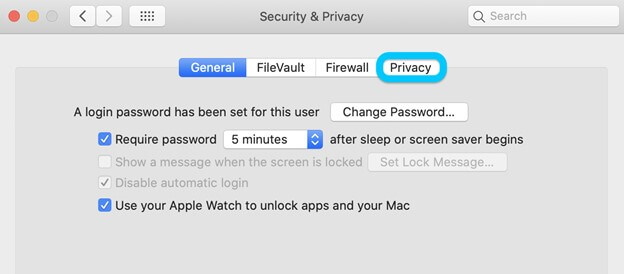 click privacy tab in system preferences