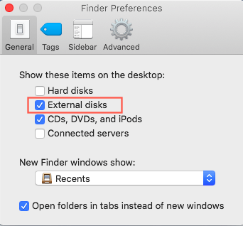Tick External disks in Finder Preferences