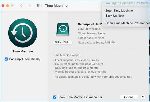 time machine complete the first backup
