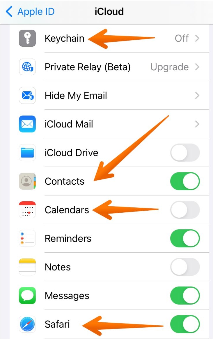 turn on contacts, keychain, calendars, safari