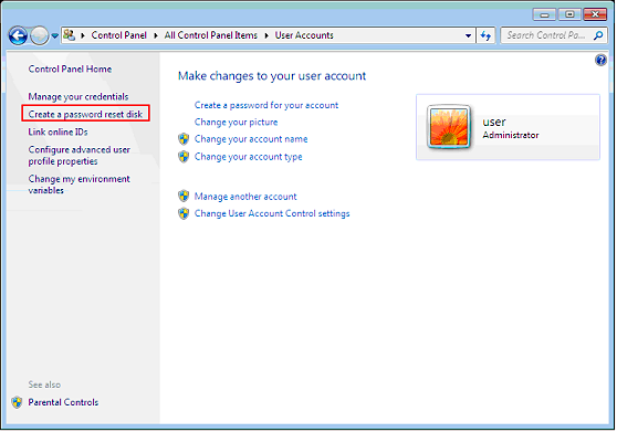 Select create a password reset disk from the user accounts section