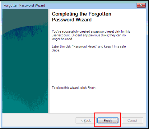 choose the finish option once password reset disk was successfully created