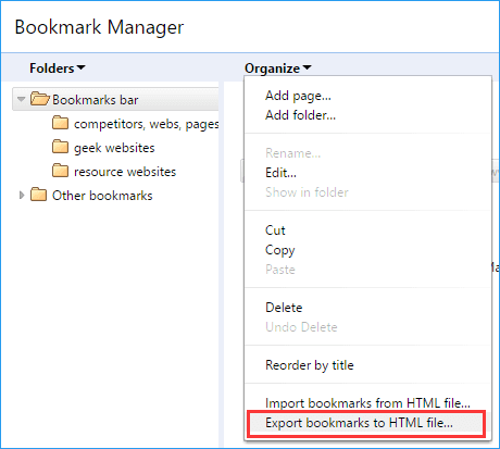 Select Chrome bookmarks to export and transfer.