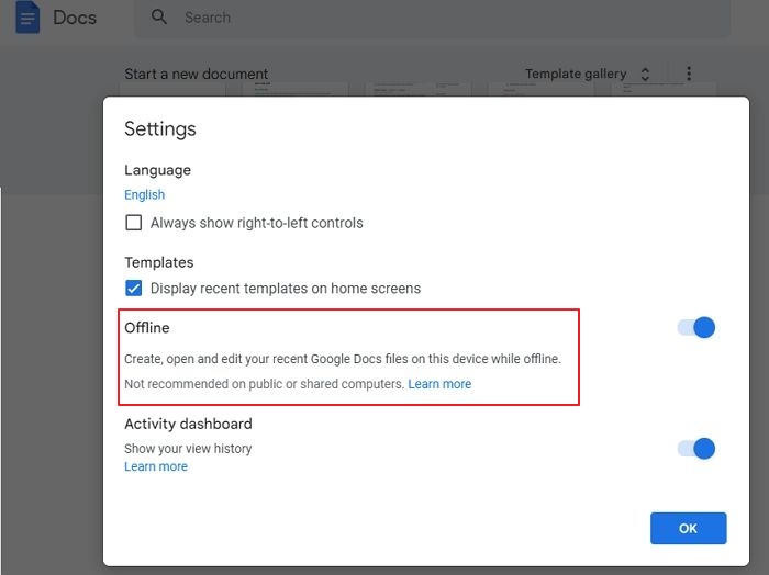 Enable Offline Settings for Google Docs