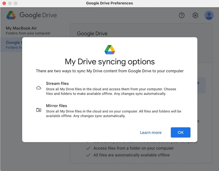 Google Drive Preferences on Mac