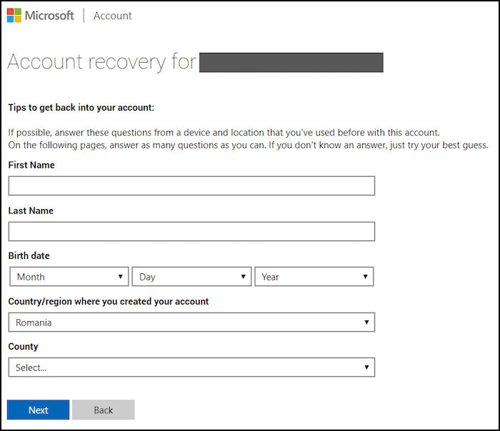 microsoft account recovery form