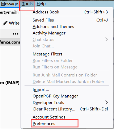 select preferences in thunderbird