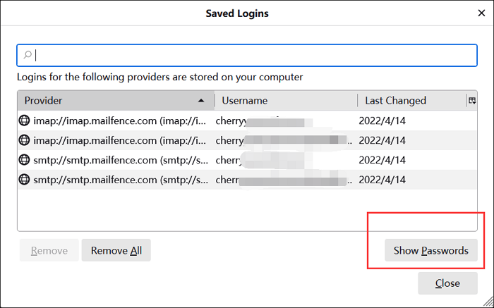 show passwords in thunderbird