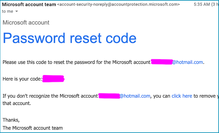 microsoft account password reset code