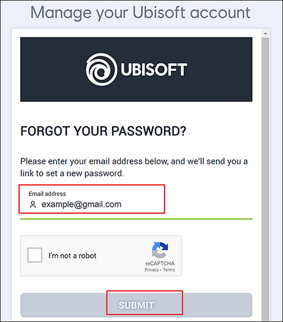 enter the ubisoft email address and click submit