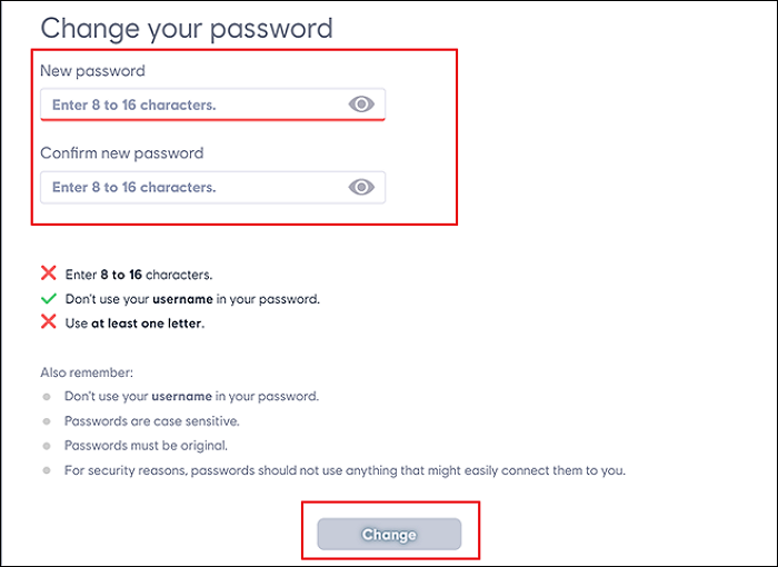enter the new password and click change