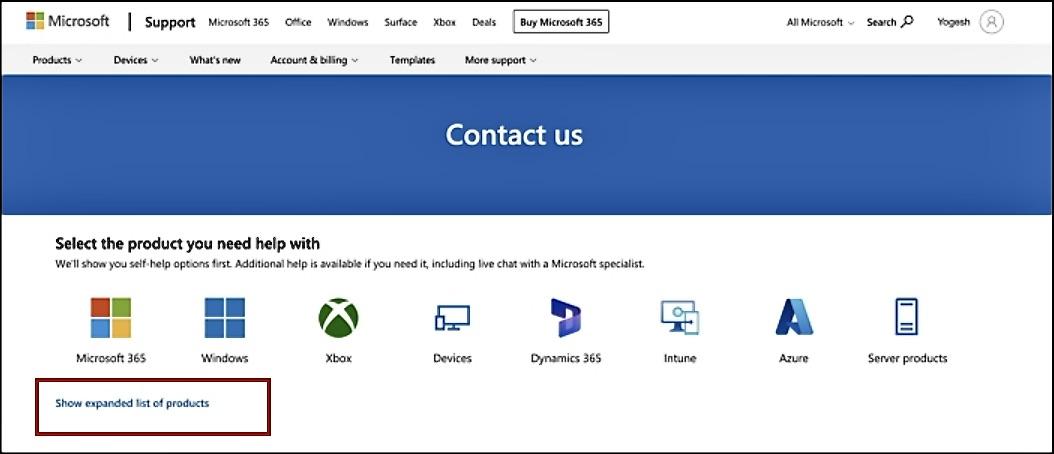 select product for microsoft support