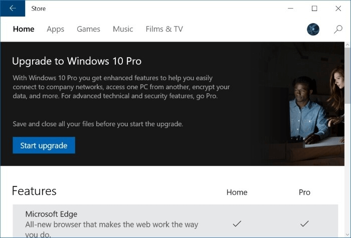 Confirm to upgrade Windows 10 from Home to Pro.