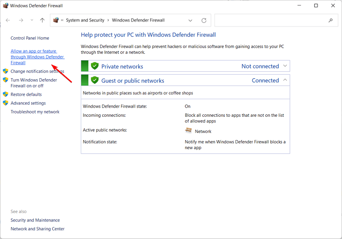 Allow an app or feature through Windows Defender Firewall