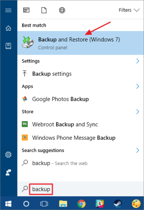 Backup and restore (windows 7) in the program list