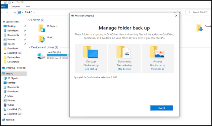 backup c drive files to OneDrive - Step3