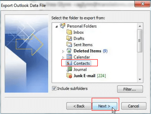 select contacts folder to backup