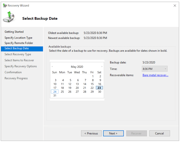 Selecting the date the backup was created on to restore that backup