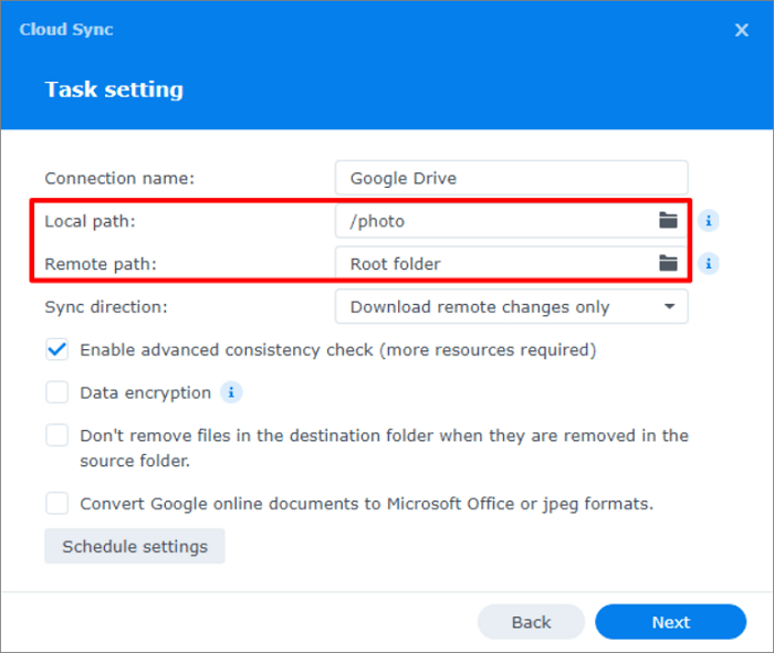 set up the NAS backup settings