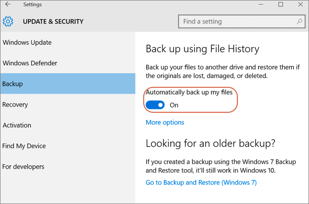 Automatically back up my files through File History