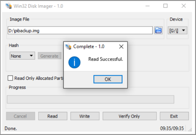 the Win32 Disk Imager tool displays a pop-up alert