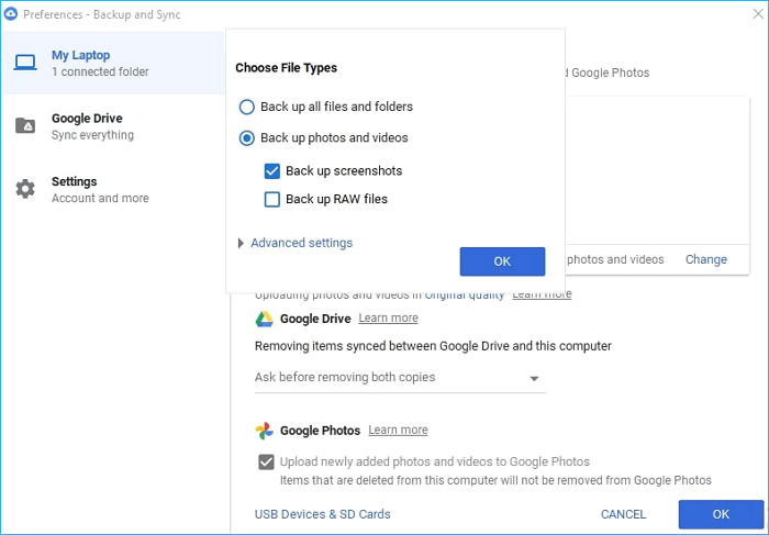 Upload and sync photos to Google Drive