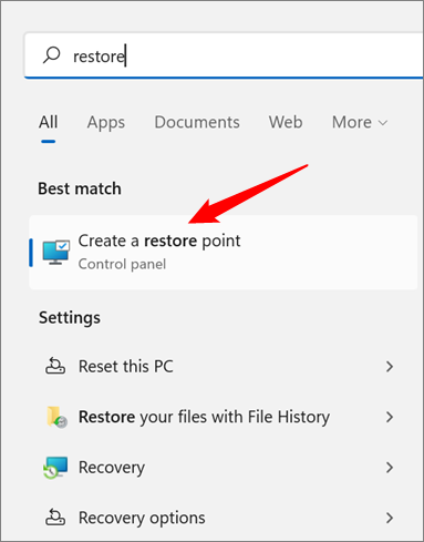 search create a restore point