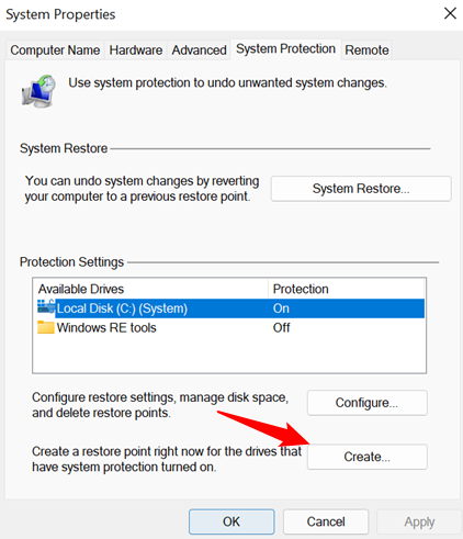 Click create button in System Protection