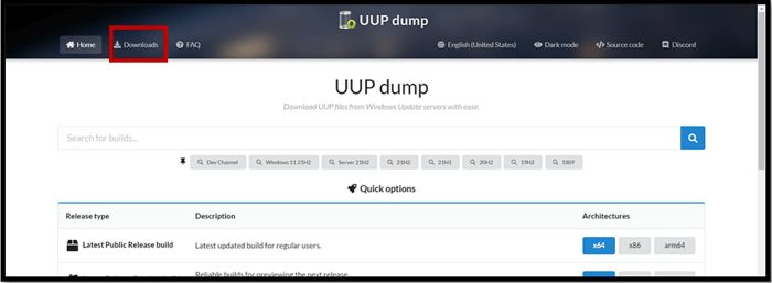 Open available Downloads on the UUP Dump page 