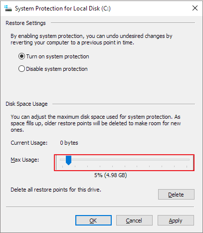 adjust disk space usage for system protection