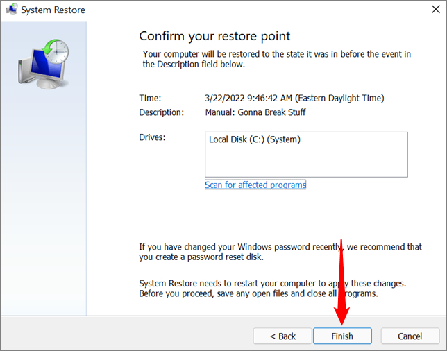 confirm and finishe restore point