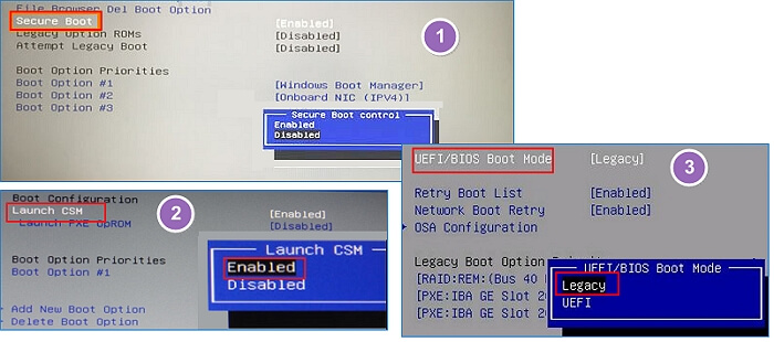 Disable secure control boot, enable legacy