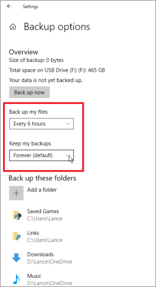 Set File History backup frequency