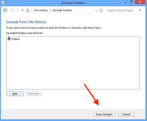 windows8 example exclude folders and add new folders