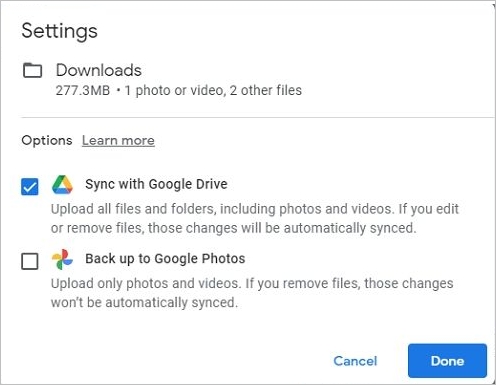 gogle drive sync option