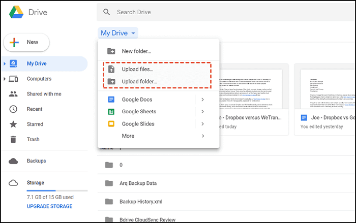 upload files on google drive website