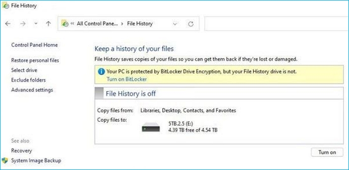 turn on file history