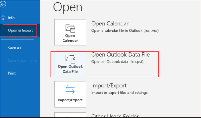 click open outlook data file
