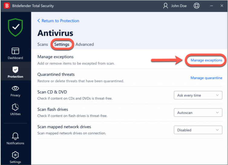 open antivirus settings