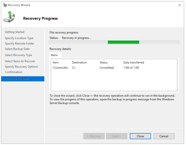 After initiating the backup, users can see the recovery progress