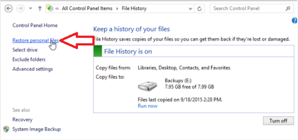 Clicking on Restore person files to recover backups using File History