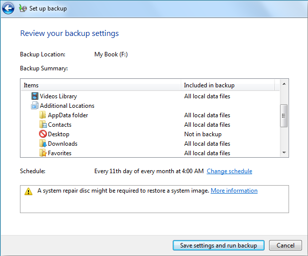 Review backup settings in Windows 7