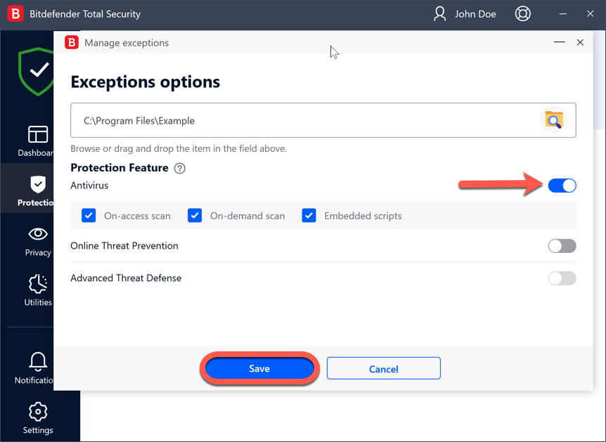 save the new exception preferences